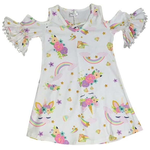 Little Girls Cold Shoulder Unicorn Stars Birthday Party Flower Girl Dress 2-8 - Picture 1 of 4